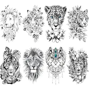 Large Black Animal Flower Temporary Tattoo Women Half Sleeve Thigh 8-Sheet