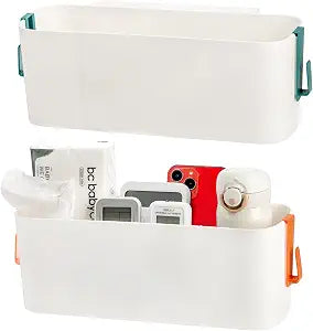 Yopay 2 Pack Bedside Caddy Organizer, Plastic Bunk Bed Shelf, Dorm Bedside Holder, Multi Storage Pocket Holder for Kids Loft Bed Rail Rv Bathroom College with Hook