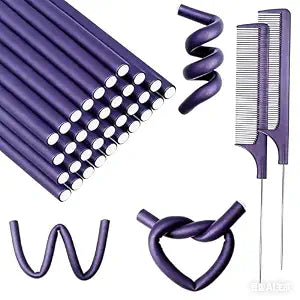 60 Pieces Flexible Curling Rods Twist Foam Flexi Rods No Heat Hair Rods Hair Rollers and Steel Pintail Rat Tail Comb for Long or Short Hair Women Girls (9.45 x 0.31, Purple)