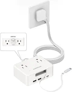 Surge Protector Power Strip with Retractable USB C Cable, 4 AC 4 USB White