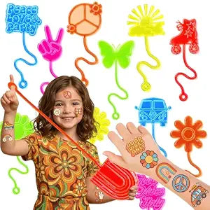 48 PCS Groovy Party Favors for Kids - 24 Temporary Tattoos & 24 Stick Hands