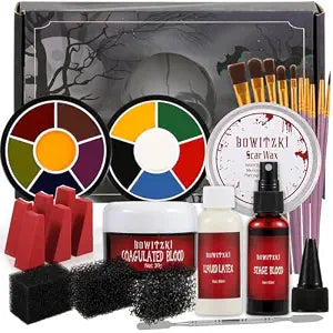 Bowitzki Halloween Makeup Kit Special Effect sfx Makeup,Liquid Latex+Scab Blood+Spray Blood+6 Colors Oil Based Face Paint+SFX bruise wheel+Skin Wax+Stipple Sponges+Latex free Sponges+Spatula+Brushes
