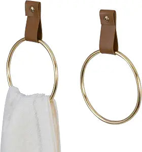 MyGift 2 Pcs Towel Ring Holder, Hand Towel Rack Wall Mounted for Bathroom, Entryway, Kitchen, Bedroom, Modern Brass Tone Metal with Caramel Brown Leatherette Strap