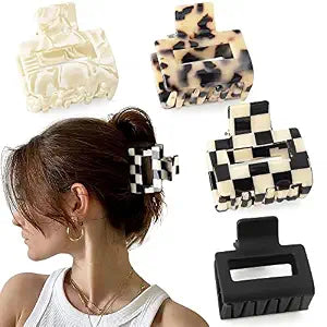 Checkered Tortoise Hair Clips for Women - 4Pcs 2" Small Acetate Claw Barrettes for Thick & Thin Hair