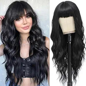 MINSEEYOO Black Wig with Bangs for Women Long Black Wavy Wigs 26 Inch Natural Black Wigs Natural Looking Heat Resistant Synthetic Wig for Daily Party Use