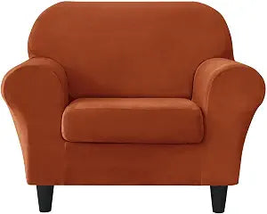 OBCREAT 2 Pieces Sofa Slipcover Stretch Velvet Sofa Chair Covers Soft Armchair Cover with Elastic Bottom Non Slip Furniture Protector for Pets Kids (Burnt Orange, Small)