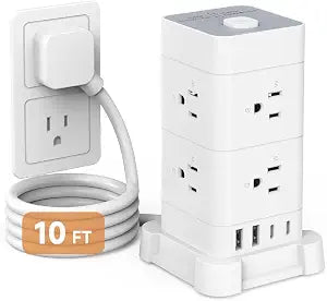Power Strip Tower with 8 AC Outlets 4 USB Ports (2 USB-C), Surge Protection 3M Extension Cord Flat Plugs Charging Tower for Home Office Desk, White