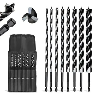 8PCS 12 inch Long Professional Auger Drill Bit for Wood with Quick Change 1/4" Hex Shank (1/4"-7/8") - 3-Cutter Design with Tri-Flute for Fast Chip Removal, Fits Hardwood, Softwood, Drywall