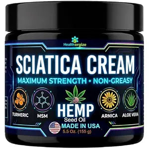 Healthergize Sciatica Cream Maximum Strength – Sciatic Nerve Comfort Cream for Lower Back, Hips & Legs – with Arnica, MSM, Hempseed Oil, Lavender & Aloe – Non Greasy, Paraben Free – 5 Oz, Made in USA