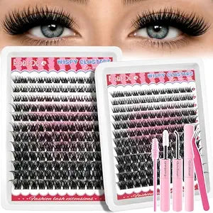 Wispy Lash Clusters Kit, 144Pcs Volume Individual Cluster Eyelash Extensions, D Curl 8ï¿½ï¿½ï¿½16mm Soft Thin Band DIY Lashes Extension with Lash Bond & Seal, Tweezers & Brush for Dail
