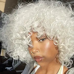 andromeda White Short Curly Wig with bangs for Women (14 Inch)