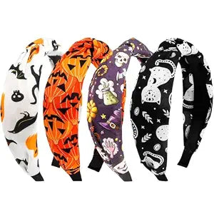 KICOSY 4PCS Halloween Headbands for Women Halloween Knotted Hairband Cute Spider Pumpkin Skeleton Black Cat Print Headband, Trick-or-Treat Fun