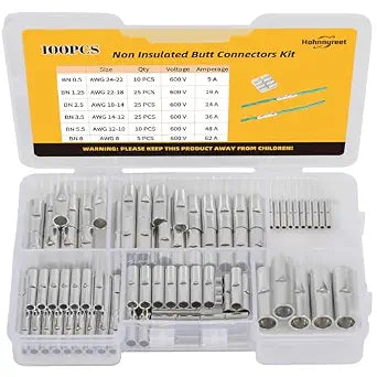 100Pcs Non Insulated Butt Connectors -Butt Splice Connectors- Mix 24-22, 22-18, 18-14, 14-12, 12-10, 8AWG Uninsulated Crimp Wire Connectors for Electrical Splice (100 Pcs, Mix 24-8 AWG)