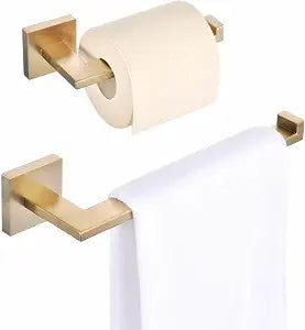 Gold Toilet Paper Holder+Hand Towel Holder, 2 Pieces Bathroom Hardware Set