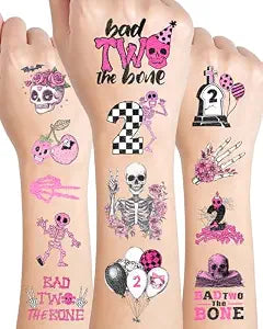 192 Pieces Bad Two The Bone Black and Pink Temporary Tattoos Stickers,20 Sheets 2nd Birthday Skeleton Themed Tattoos Stickers Party Decoration Supplies Party favors