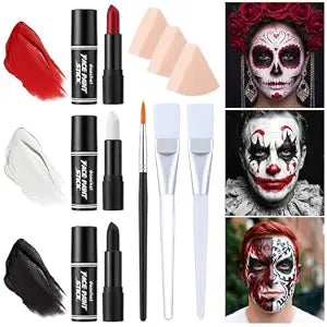 Jiuguva 15 Pcs White Black Red Face Body Paint Stick with Brushes
