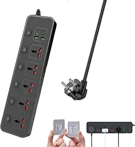 Power Strip with Individual Swtich, 6ft Extension Cord with 5 Universal Outlets and 6 USB (4 USB C), Max 3000w, 110-240v, Multiple Outlets Plug Adapter for Office Travel, EU Plug, Black