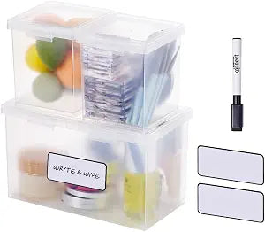 Bostitch Konnect Storage Containers with Lids, Clear Plastic Box, Stackable for Crafts, Home, and Office Organization, Labels, 3-Piece (1 4 Qt Box, 2 1.5 Qt boxes)