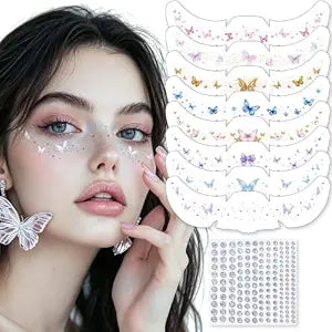 Glitter Freckles Face Tattoos, Butterfly Sparkle Freckles Temporary Face Tattoos and Rhinestone Sticker for Women Girls Waterproof Fake Freckles Patches Makeup Festival Rave Outfits Singer Accessories