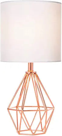 Rose Gold Bedside Table Lamp,Modern Small Desk Lamp with TC Fabric Shade Geometric Metal Base for Kids Living Room Bedroom Nightstand