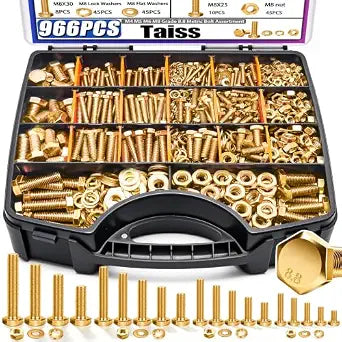 Taiss 966pcs Grade 8.8 Metric Bolt Assortment,Metric Bolts and Nuts Assortment,Bolt Kit M4 M5 M6 M8(12-30mm) Heavy Duty Hex Bolts and Nuts Kit Flat/Lock Washer Yellow Zinc Plated,with Handheld Box