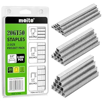 meite T50 Staples, 1/4", 3/8" and 1/2" Leg Staples for Staple Gun, 2,520 Counts, Galvanized, 20 Gauge 3/8 Inch Crown, Ideal for for Upholstery, Construction, Furniture, Crafts