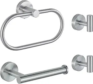 Bathroom Hardware Set Includes Towel Ring, Toilet Paper Holder and 2 Towel Hooks, SUS304 Stainless Steel Modern Wall-Mounted Bathroom Set, Rustproof Bathroom Fitting Set (Brushed Nickel)