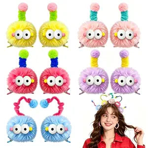 5 Pairs Cute Monster Pom Poms Hair Clips,Soft Crazy Hair Day Accessories