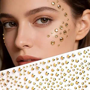 650pcs Gold Face Gems Stickers - 2 Sheets Self-Adhesive Rhinestone Stickers for Face Eyes Body, Multi-Size Gold Face Jewels for Festival, Rave, Halloween, Makeup, Party Decor, DIY Crafts