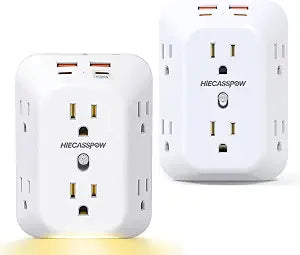 2 Pack Outlet Extender Surge Protector, 6 Outlet Splitter with 4 USB Ports (1pcs Light with one PD20W + 1pcs no Light), 4 Sided 1050 J Multi Plug Wall Adapter Power Strip