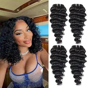 Deep Wave Human Hair 4 Bundles 12 Inch Human Hair 100% Unprocessed Virgin Hair 12A Grade Natural Color Hair Extensions for Black Women(12'' 12'' 12'' 12'')