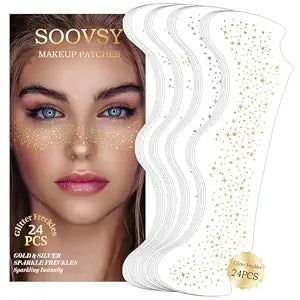 24pcs Gold and Silver Glitter Freckles Face Tattoo, Sparkle Freckles Temporary Face Tattoos, Face Glitter Makeup Patches for Women, Waterproof Makeup Accessories for Mardi Gras Festival