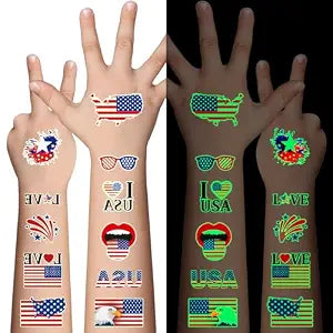 Awinmay 80 Pcs Luminous 4th of July Temporary Tattoos for Kids, American Flag Red White and Blue Decor, Fourth of July, USA Party Favors, Memorial Day, Independence Day, Labor Day Glow Party Supplies
