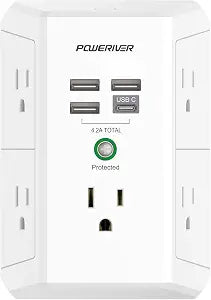 USB Wall Charger, POWERIVER Multi Outlet Extender Surge Protector with 4 USB Ports, 1680J Wall Outlet Adapter Spaced for Home School Office, ETL Listed, White
