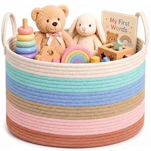 Rainbow Nursery Storage Basket with Handles, Cotton Rope Baby Toy Basket
