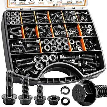 mankk 400PCS Metric Flange Bolts and Nuts Assortment Kit,M6x1.0, M8x1.25, M10x1.5 (12mm to 30mm) Hex Bolts and Nuts Washers Kit for Automotive (10.9 Black Alloy Steel Class)