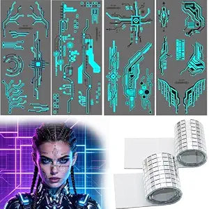 Cyber Punk Machinery Temporary Fluorescent Tattoo Stickers with Mirror Face Stickers AI Robot Costume Face Tattoos for Women Men Halloween Futuristic Cyber Punk Cosplay Party
