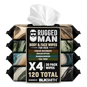 BLKSMITH Rugged Man Body & Face Wipes for Men - 30x4 Pack of Mens Face Wipes - Body Wipes for Men Ideal for after Work, Gym or Travel (Cedar Bourbon | Eucalyptus | Sandal Wood | Tea Tree, 120 Wipes)