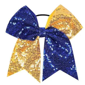 Bow Hair Tie for Girls Large Cheer Bow Sequins Ponytail Women Teen Girls Cheerleading Ribbon Holder Hair Band (Deep Blue + Yellow)