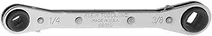 Klein Tools 68310 Ratcheting Refrigeration Wrench, Made in USA, Reversible Wrench with 3/16 and 5/16-Inch Square and 1/4 and 3/8-Inch Square Sizes