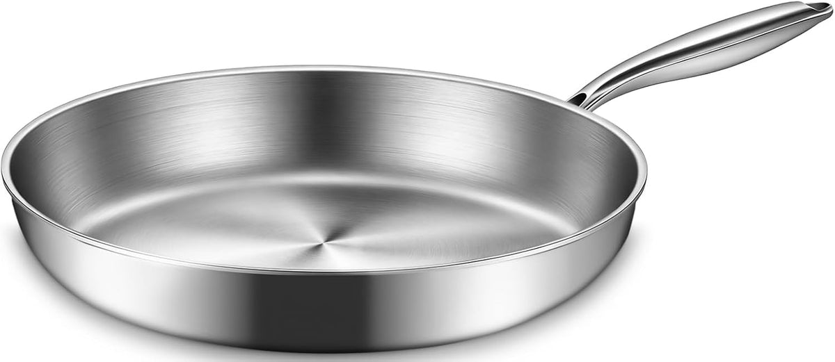 EWFEN 12 Inch Tri-Ply Stainless Steel Frying Pan, Compatible with All Cooktops Up to 600â„‰, Large Frying Pan Induction-Ready Skillet, Dishwasher and Oven Safe, Even Heat, 12" Skillet