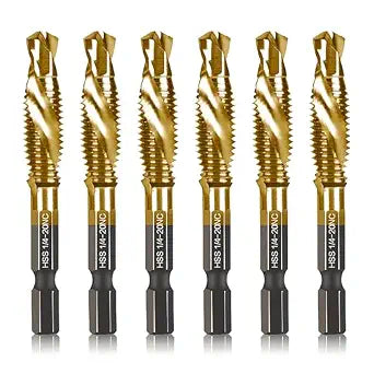 6-pc 1/4-20NC Combination Drill Tap Bit Set SAE, 1/4" UNC-20 Thread Size, Titanium Coated High-Speed Steel, Ideal for Drilling and Threading in Soft Metal Wood and Plastic, 1/4 Hex Shank