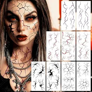 9 Sheets Scary Blood Vessel Tattoos For Halloween Temporary Tattoos Neck Face Crack Tattoo Sticker, Realistic Fake Thunderbolt Lightning Bolt Tattoo Sticker Halloween Costume DIY Vampire Zombie Makeup