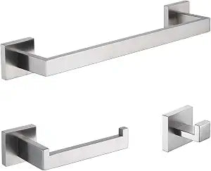 TASTOS 3-Piece Bathroom Hardware Set Brushed Nickel Wall Mounted Bathroom Accessory Set, Premium Stainless Steel Robe Hook Toilet Paper Holder 16-Inch Towel Bar (Silver)