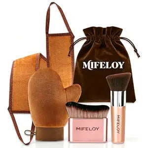 4-Piece Self Tanner Applicator Set – Tanning Mitt, Back Applicator, Body & Face Brushes – Even Tan, No Orange Palms – Reusable, Washable with Pouch