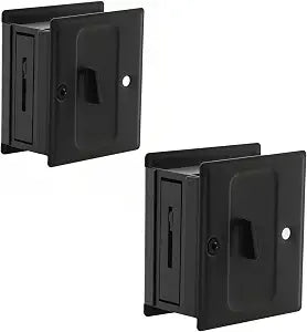 Privacy Sliding Door Lock with Pull, Solid Brass Pocket Door Privacy Lock, 2-3/4x2-1/2, for 1-3/8 Thickness Door, Matte Black, 2 Pack
