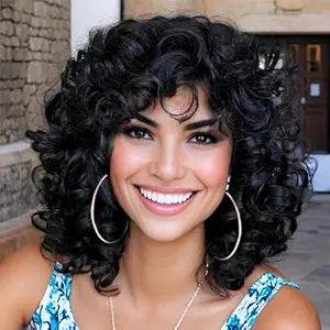 Curly Wigs for Women Synthetic Loose Curls Wig with Bangs 14 Inch Bob Hair (#1B Natural Black)
