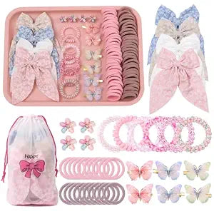 Rosvia Little Girls Hair Accessories Set 70pcs,Elastic Spiral Hair Ties for Thick Hair, Mini Crystal Flower Hair Claws,Butterfly Hair Clips,Toddlers Hair Bows for Girls Teens Kids Toddlers