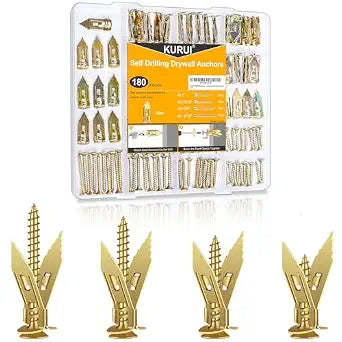 KURUI 180Pcs Self Drilling Drywall Anchors with Screws Kit, Fixion Tools Metal & Heavy Duty Grip Anchors for Wall, Sheetrock, Expansion Assorted Sizes Anchor for Picture Frames, Shelves & Home Decor