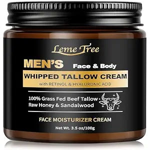 Men's Beef Tallow for Skin, Whipped Grass-Fed Beef Tallow Face Cream, Tallow Balm with Anti-Aging Retinol & Hyaluronic Acid, Mens Skin Care Face Moisturizer, Reduces Wrinkles Lines, Sandalwood, 3.5 OZ